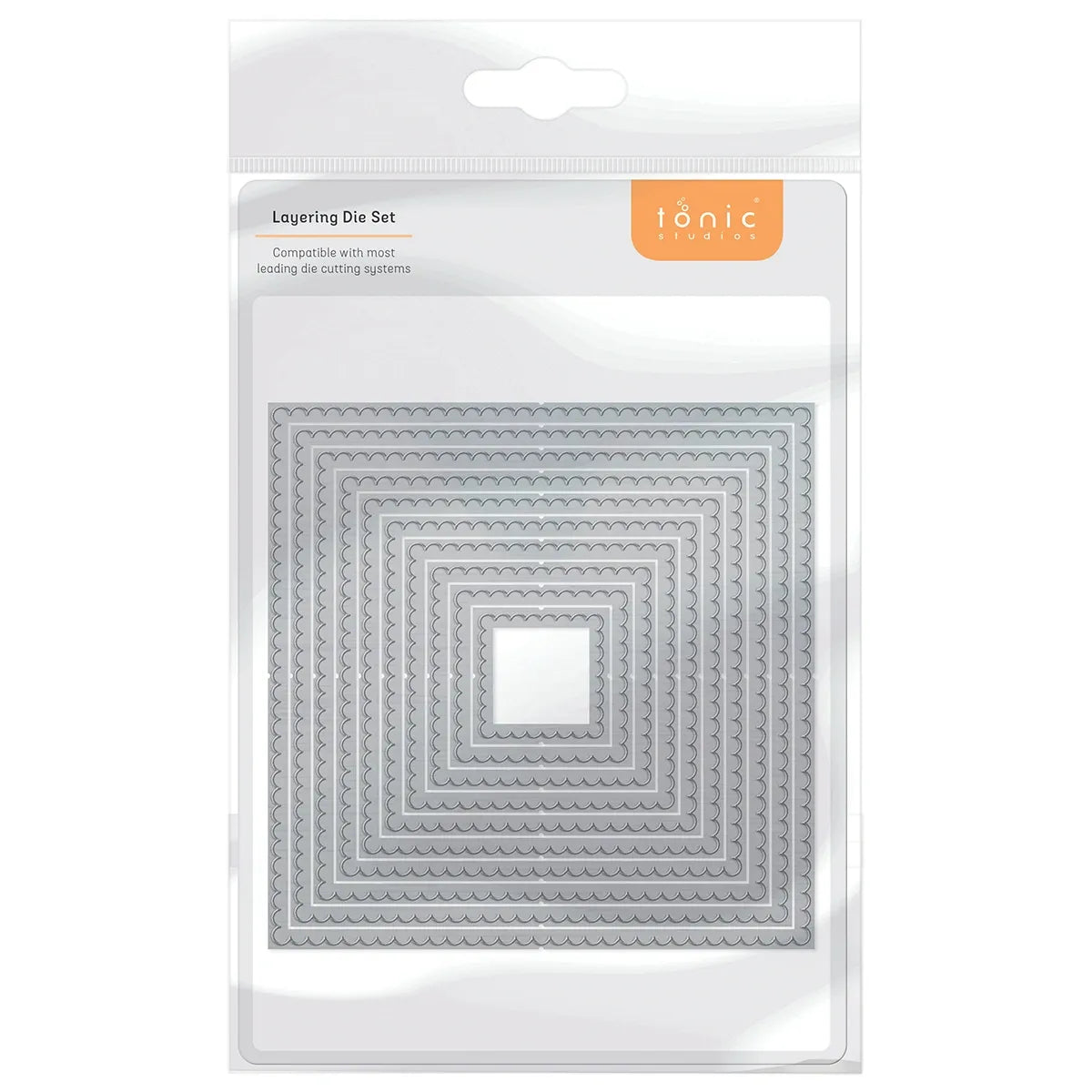 Tonic Layering Die Set packaging with clear window showing die set on a white background