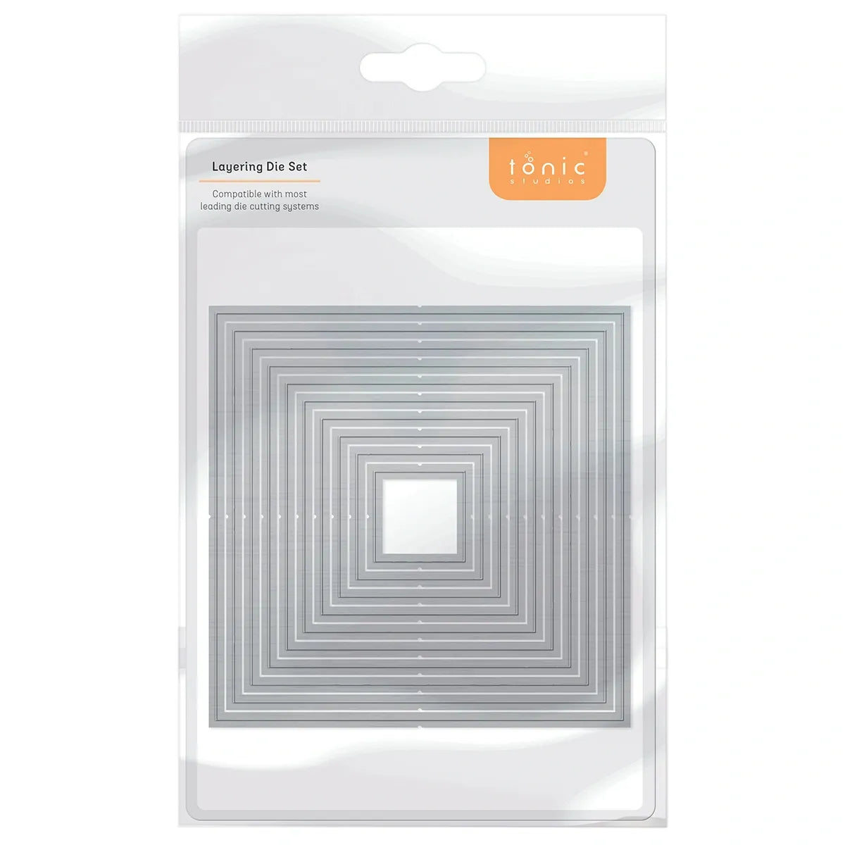 Tonic Layering Die Set packaging with clear window showing die set on a white background