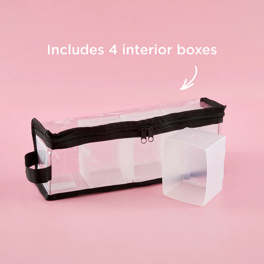 Clear makeup bag with black zipper on a pink background, labeled 'Includes 4 interior boxes'.
