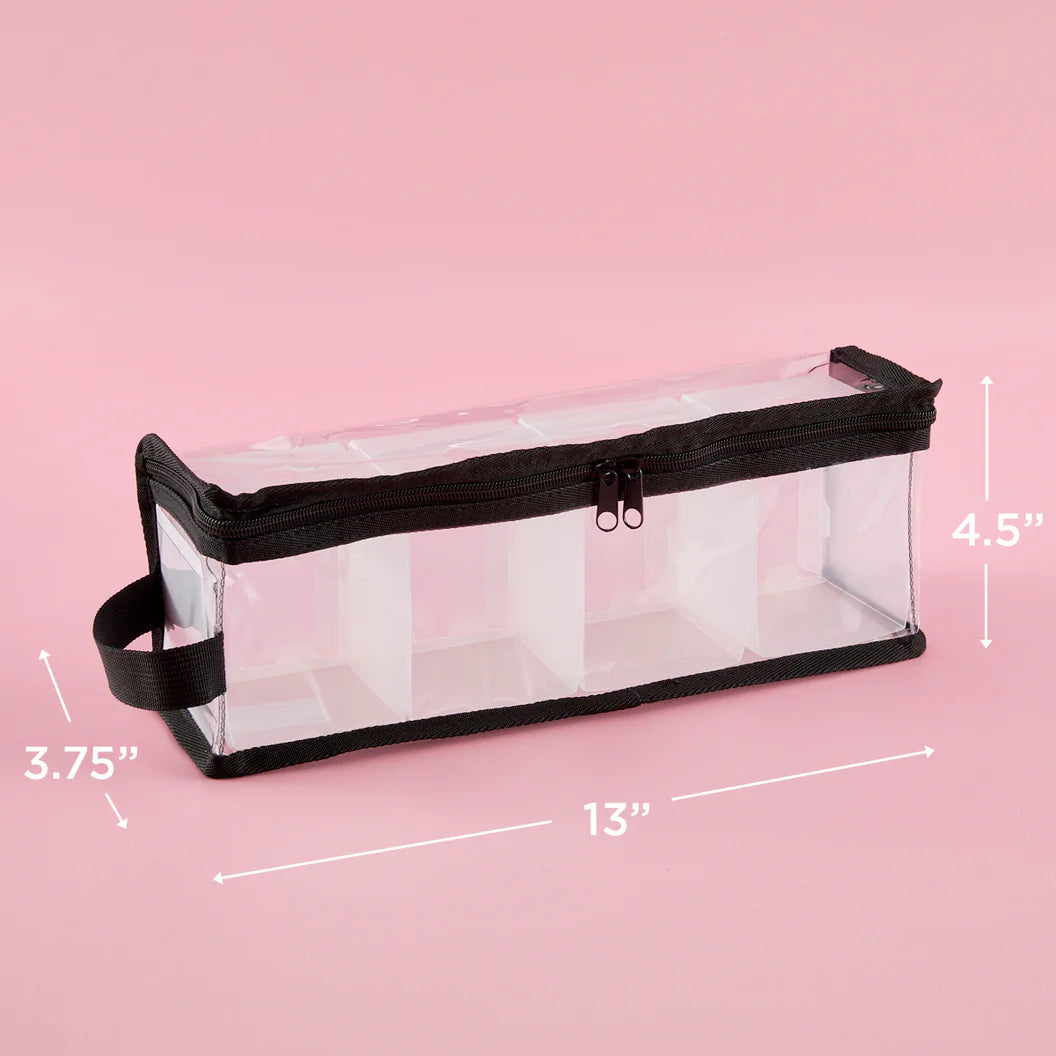 clear ink pad  bag for storage with black zipper and measurements on a pink background