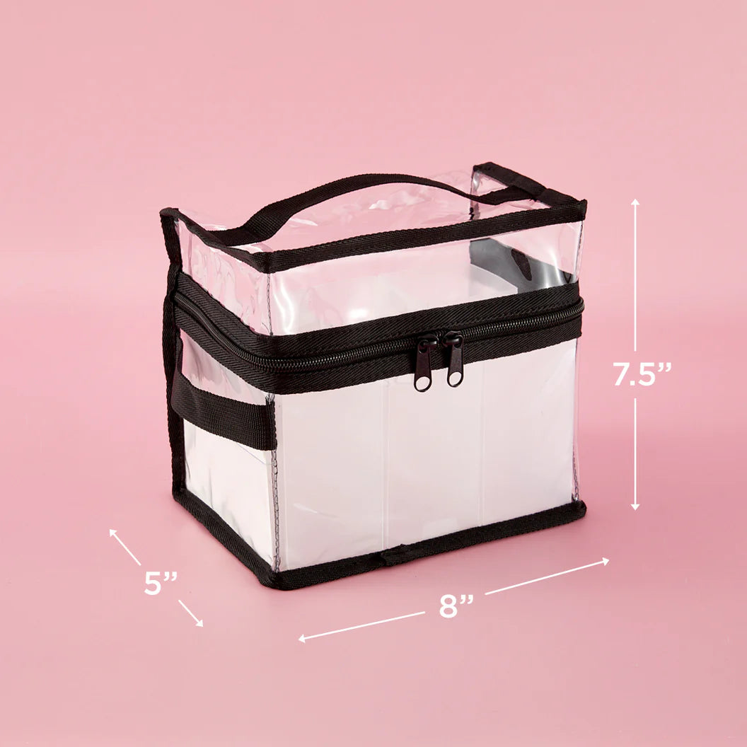 Clear craft organization bag with black trim and measurements on a pink background