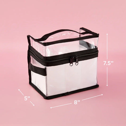 Clear craft organization bag with black trim and measurements on a pink background