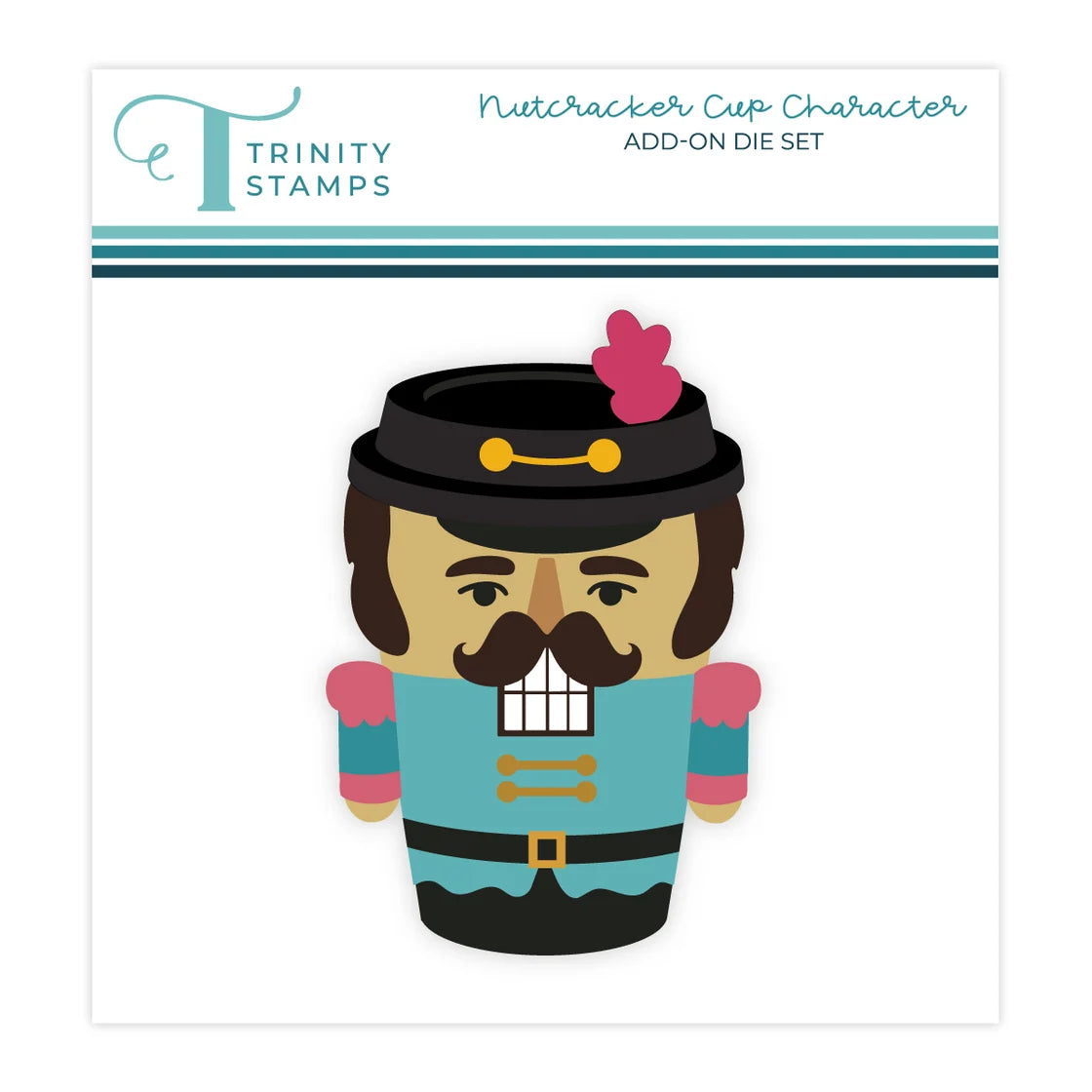 trinity stamps packaging for nutcracker cup character add on die set with a colorful nutcracker hot cup on the cover all on a white background