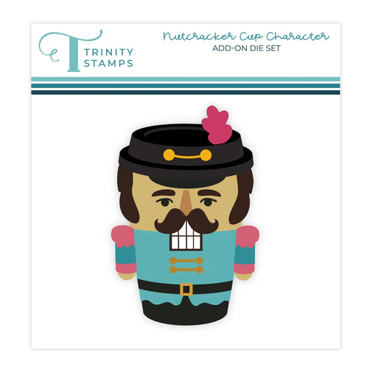 trinity stamps packaging for nutcracker cup character add on die set with a colorful nutcracker hot cup on the cover all on a white background