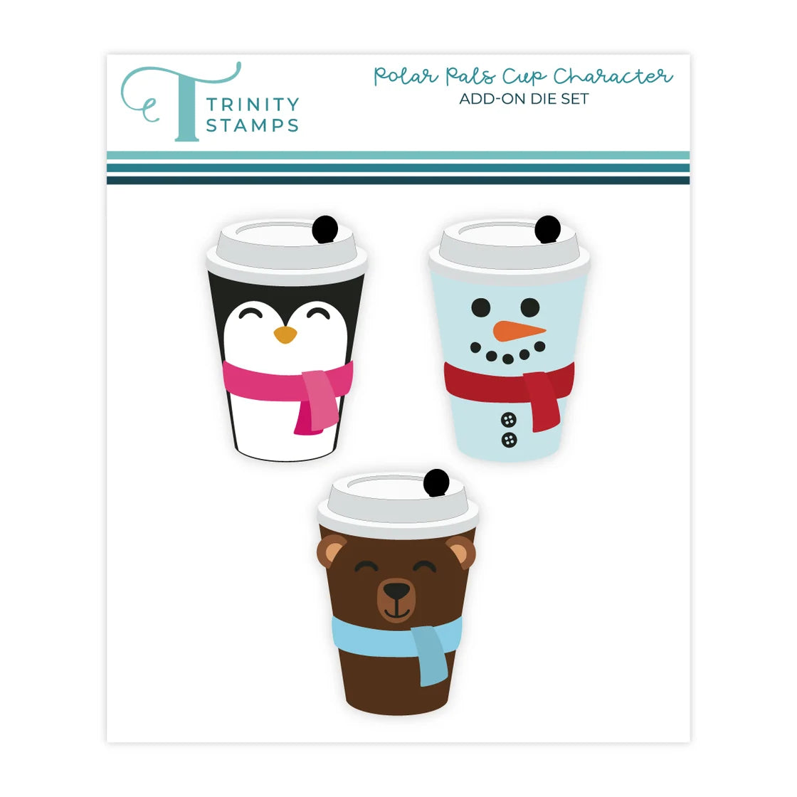 trinity stamps polar pals cup character colored packaging with a penguin, snowman, and bear shaped hot cup on a white background