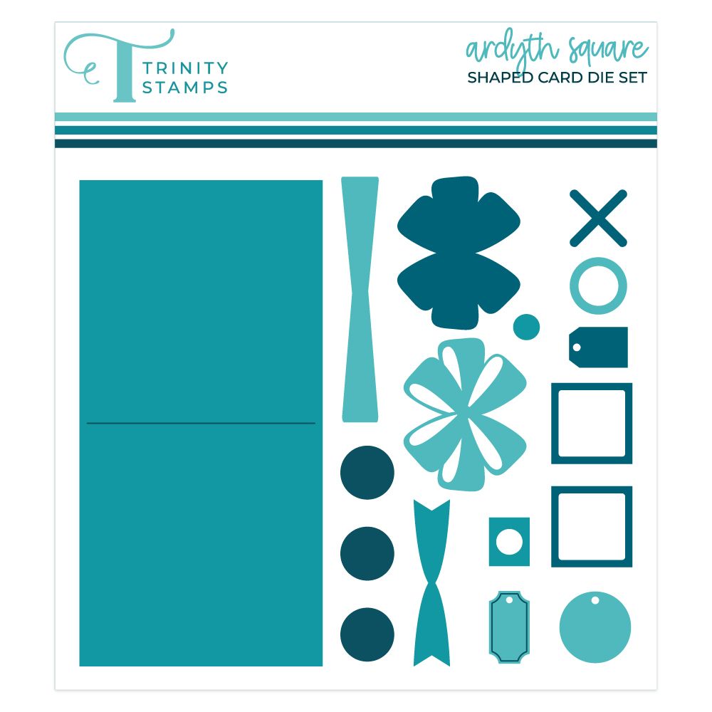 Trinity Stamps Ardyth Square shaped card die set, featuring a sheet of teal and dark teal paper-cutting dies and stamping blocks on a white background.