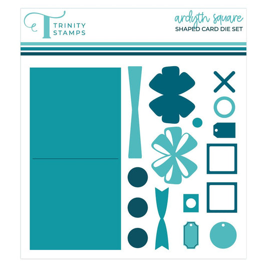 Trinity Stamps Ardyth Square shaped card die set, featuring a sheet of teal and dark teal paper-cutting dies and stamping blocks on a white background.