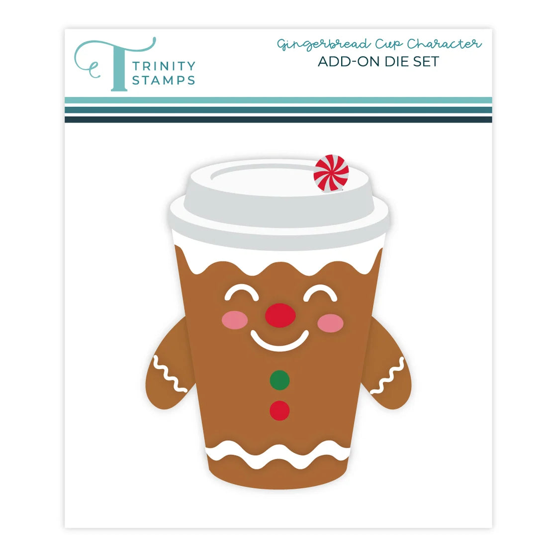 Trinity Stamps gingerbread cup character add-on die set, featuring a cute cartoon gingerbread cup with a smiling face, red nose, pink cheeks, green and red buttons, and a red-and-white peppermint on the lid, shown on a white card.