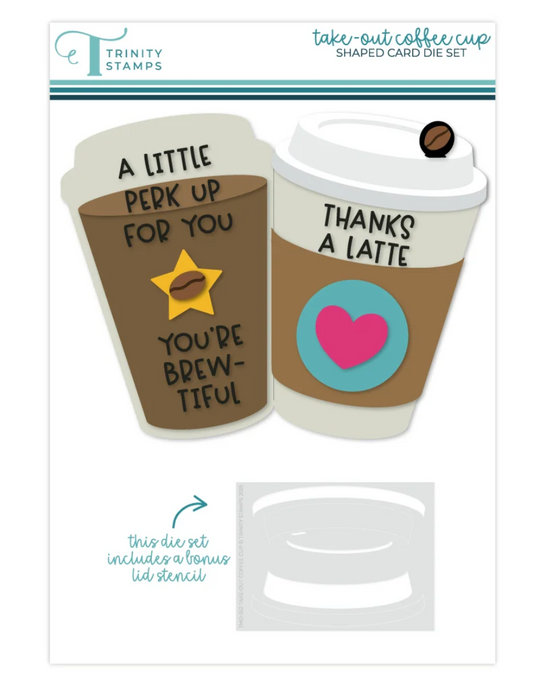 Trinity Stamps shaped card die set featuring two coffee cup designs with printed text and graphics, plus a small bonus lid stencil shown at the bottom on a white background.