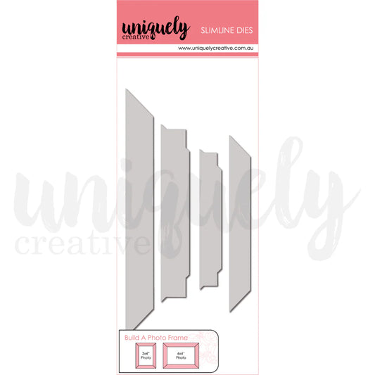 Uniquely Creative Slimline Dies on a white background with pink banner at the top.