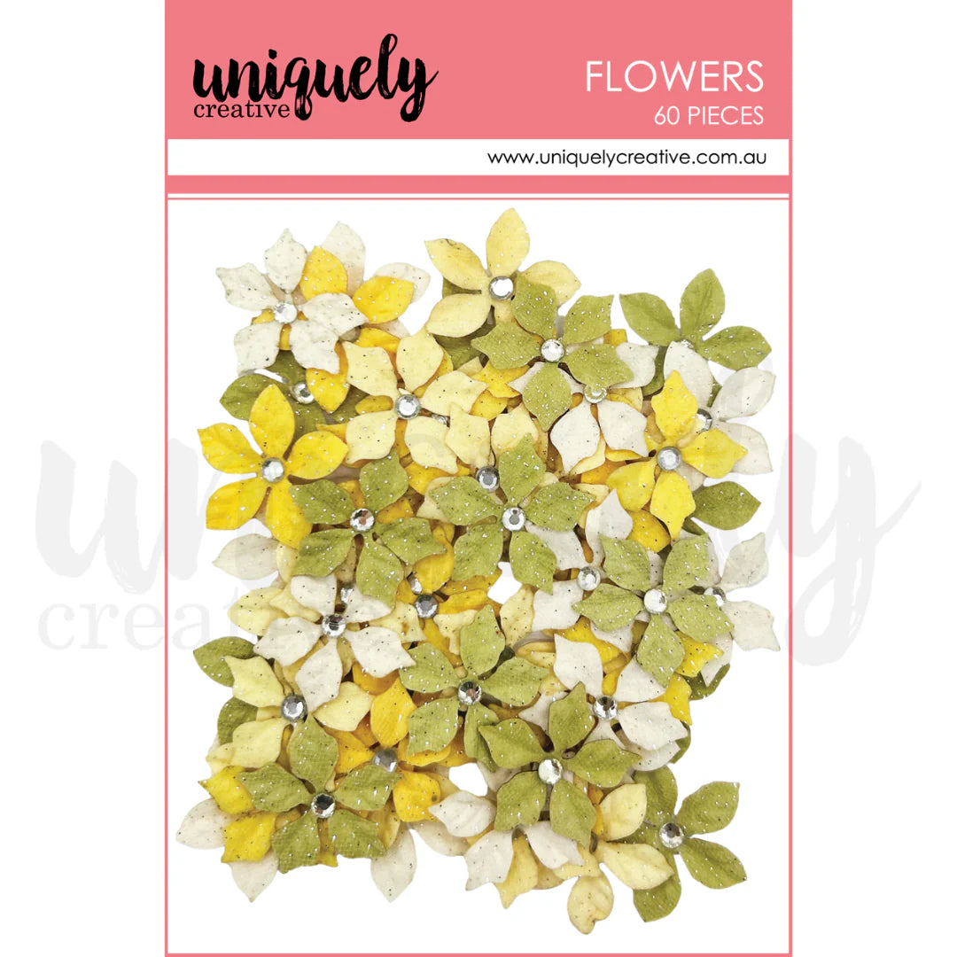 glitter yellow and green five petal flowers with rhinestone centers in uniquely creative packaging