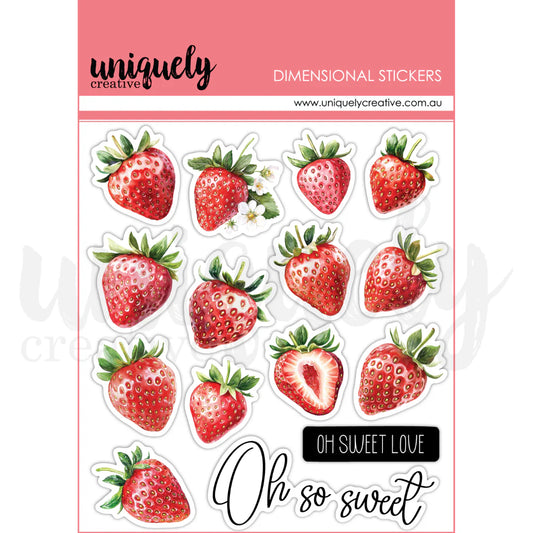 Strawberry-shaped stickers with 'Oh Sweet Love' and 'Oh so sweet' text on a pink background.