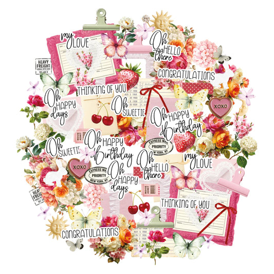 Collection of floral and text elements on a white background