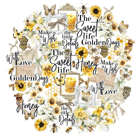 assorted die cut papeer bees sentiments candles ribbons butterflies scattered on a white background