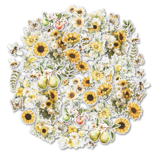 assorted die cut vellum sunflower, leaf, and floral stickers in yellows and creams