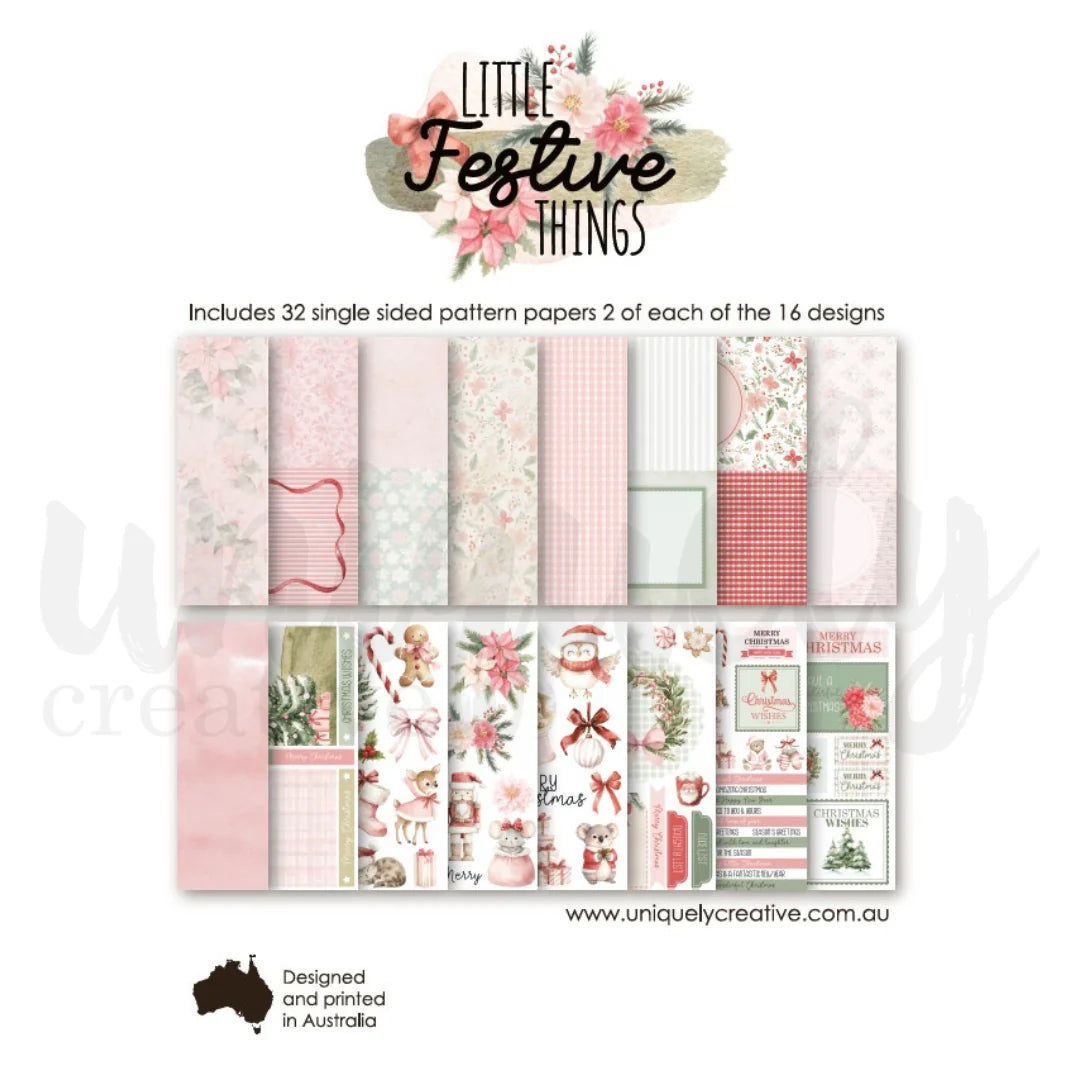 A product display sheet for 'Little Festive Things' scrapbooking paper. The sheet shows a grid of 16 different single-sided patterned papers in pink, red, green, and white, featuring Christmas and winter motifs like snowflakes, ornaments, and holiday greetings.