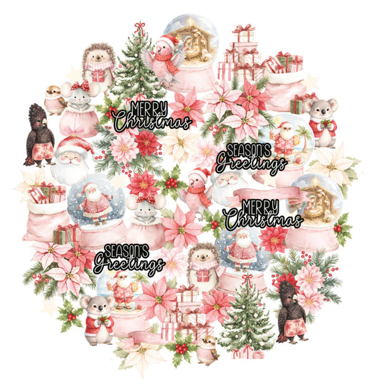 A festive Christmas collage featuring watercolor-style illustrations of Santa Claus, snow globes, poinsettias, gift boxes, small animals, evergreen trees, and decorative text reading 'Merry Christmas' and 'Seasons Greetings' on a white background.