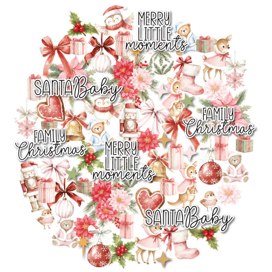 A circular collage of Christmas-themed christmas die cuts on a white background, including Santa Baby, gifts, bows, stockings, ornaments, flowers, reindeer, teddy bears, and phrases such as 'Merry Little Moments' and 'Family Christmas'.