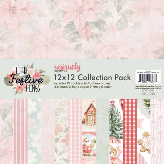 Little Festive Things Uniquely Creative 12x12 Collection Pack paper sheet showing a floral poinsettia pattern on the top and various festive paper designs along the bottom, including stripes, gingham, Christmas tree, gingerbread house, Santa Claus, and cookies.