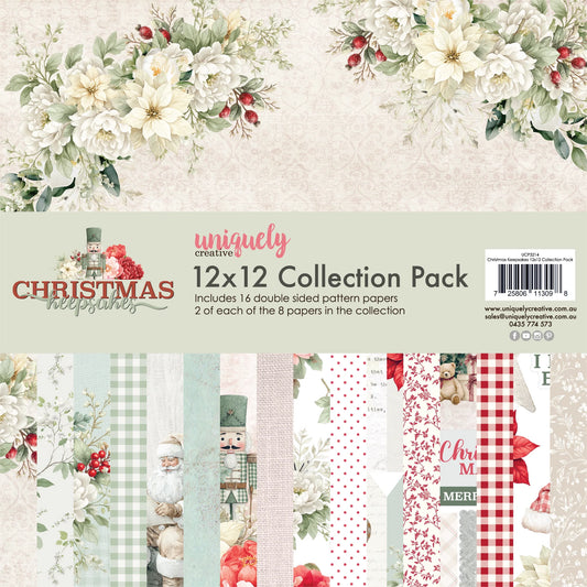 A 12x12 collection pack of patterned papers from uniquely creative, featuring Christmas-themed designs including floral arrangements, gingham, polka dots, nutcracker patterns, and holiday text elements.
