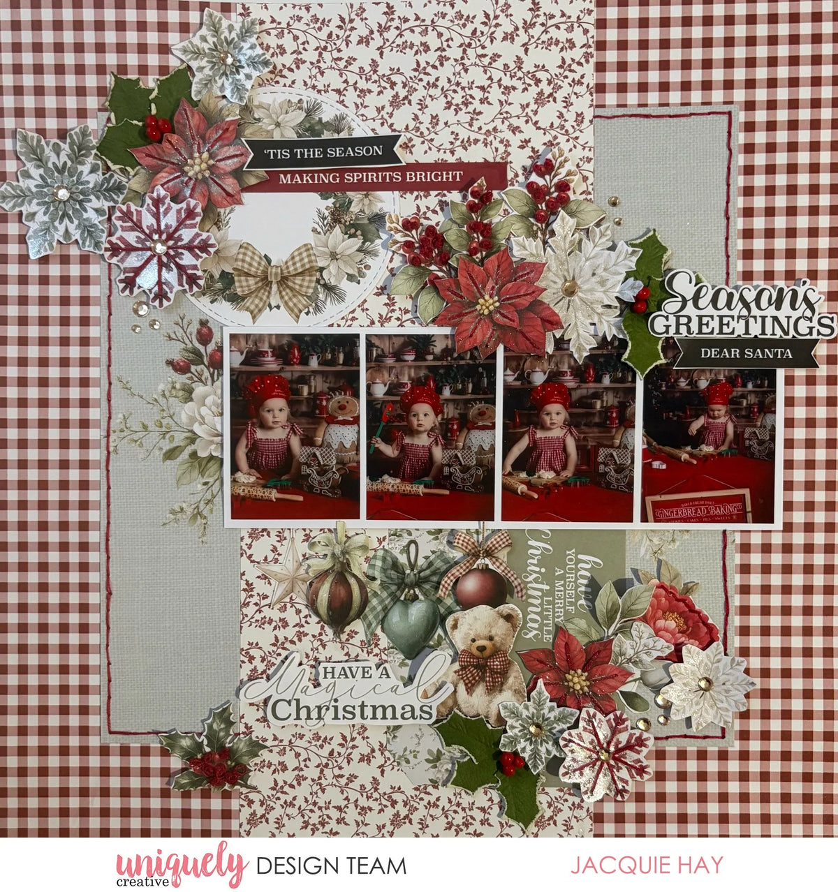 A Christmas-themed scrapbook paper or digital design layout featuring a red and white gingham border, floral accents, holiday ornaments, a teddy bear, and three small photos of a child in a red Santa hat. Text includes 'Tis the Season,' 'Season's Greetings,' and 'Have a Christmas.