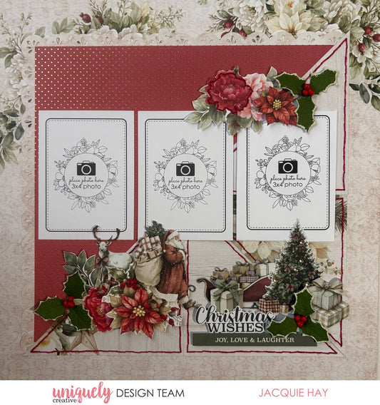 A Christmas-themed scrapbook or card design layout featuring three white photo frames with camera icons, red poinsettias, holly, pine trees, wrapped gifts, and a 'Christmas Wishes' banner on a patterned beige background. 