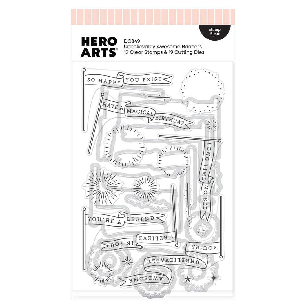 Hero Arts stamp and die set with various banners and phrases on a white background