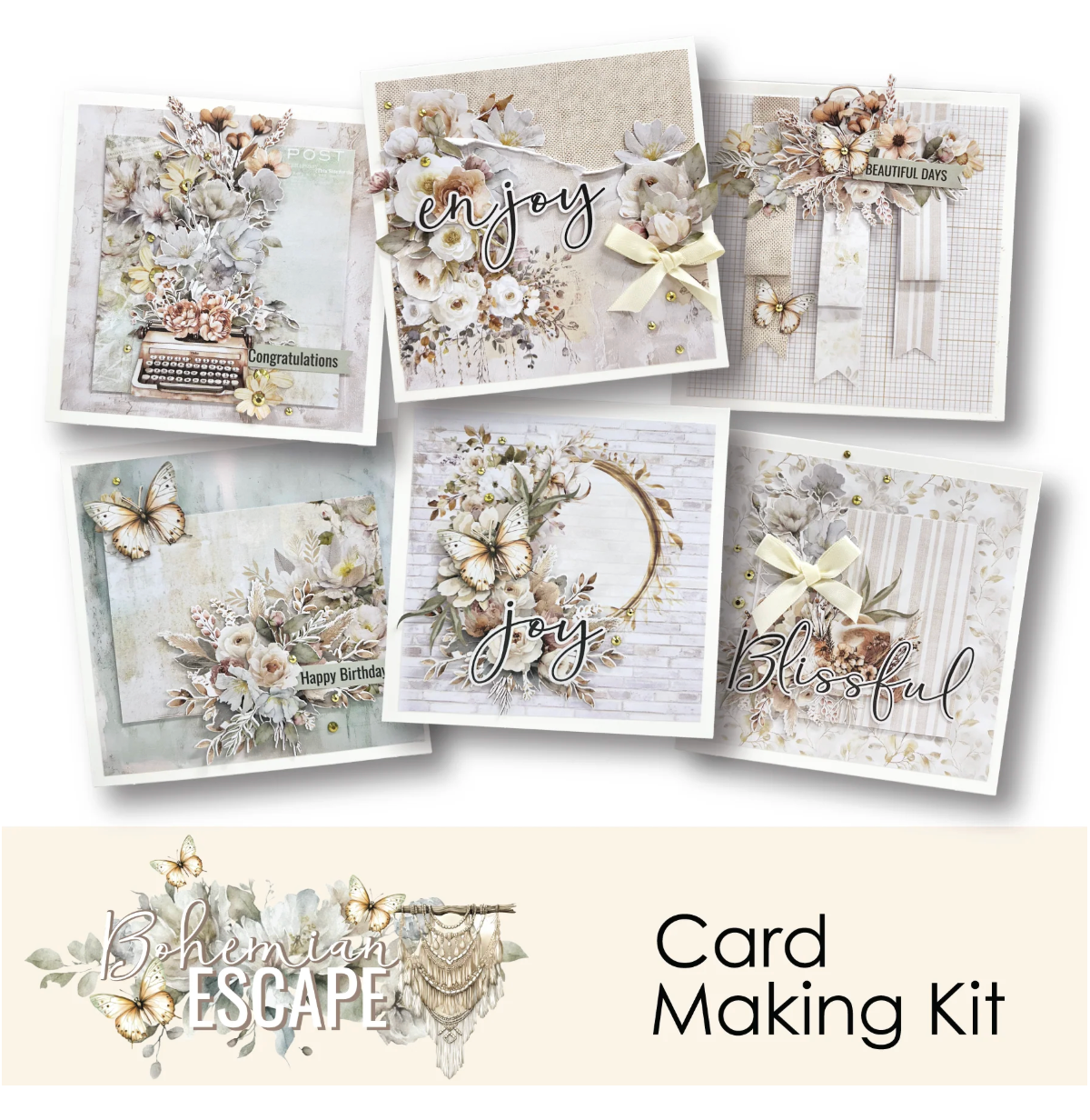 Card making kit with decorative cards featuring flowers, butterflies, and text on a white background.
