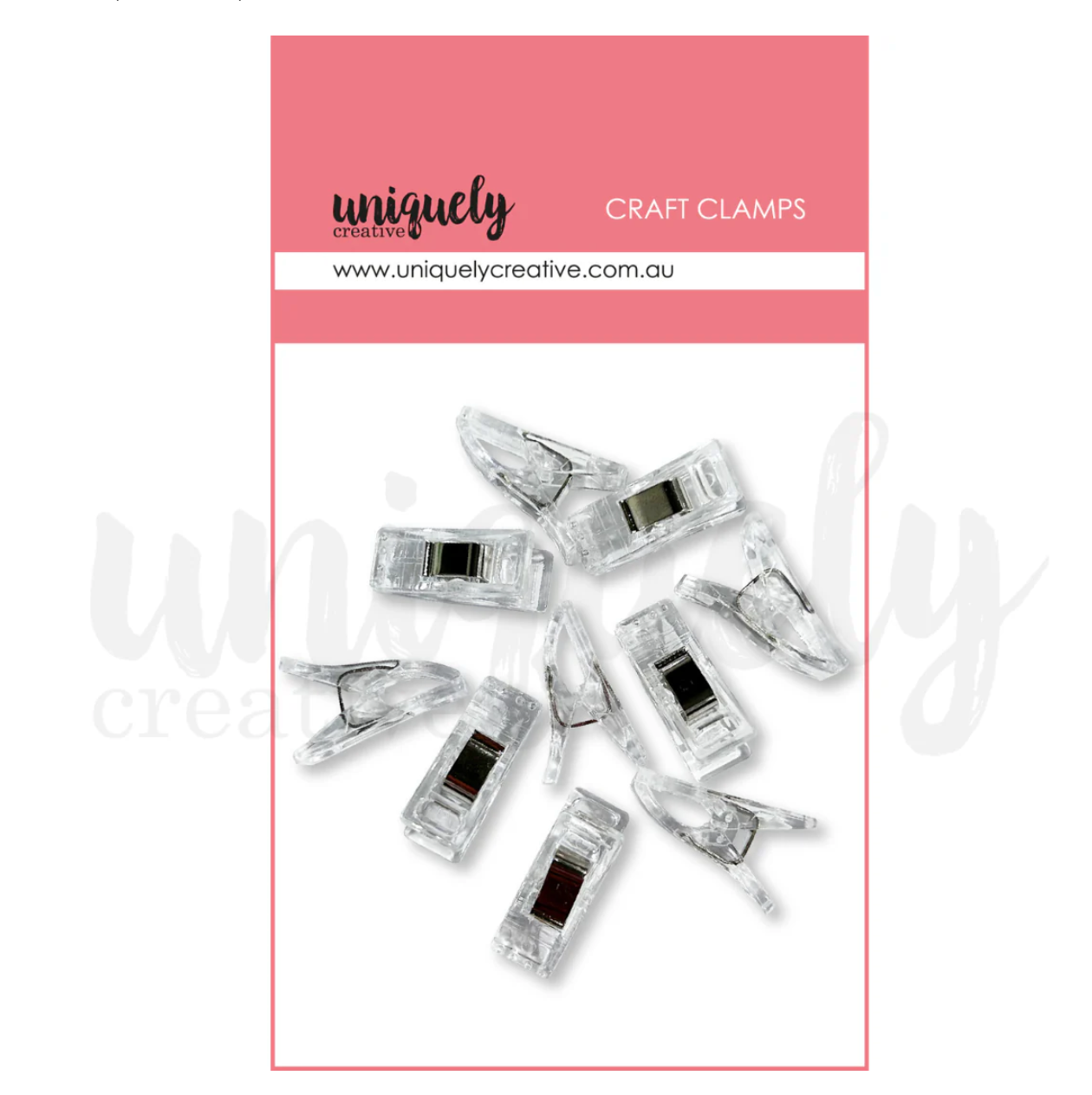 Packaging of craft clamps with 'uniquely creative' branding on a pink background.