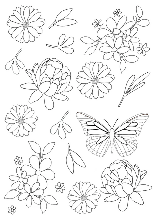 Black and white floral and butterfly illustrations on a white background