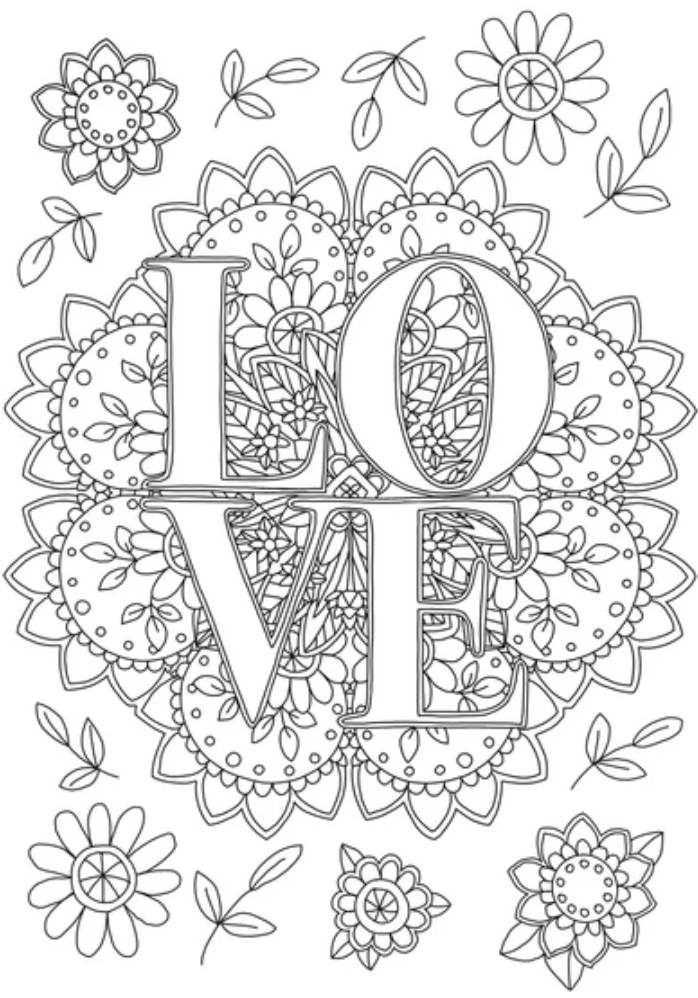Coloring page with 'LOVE' text surrounded by floral patterns