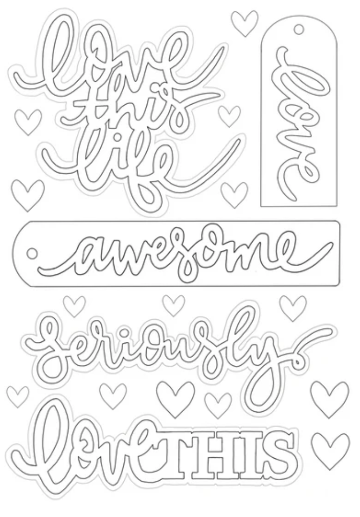 Set of decorative text cutouts with phrases like 'I love this life' and 'awesome', featuring hearts, on a white background.