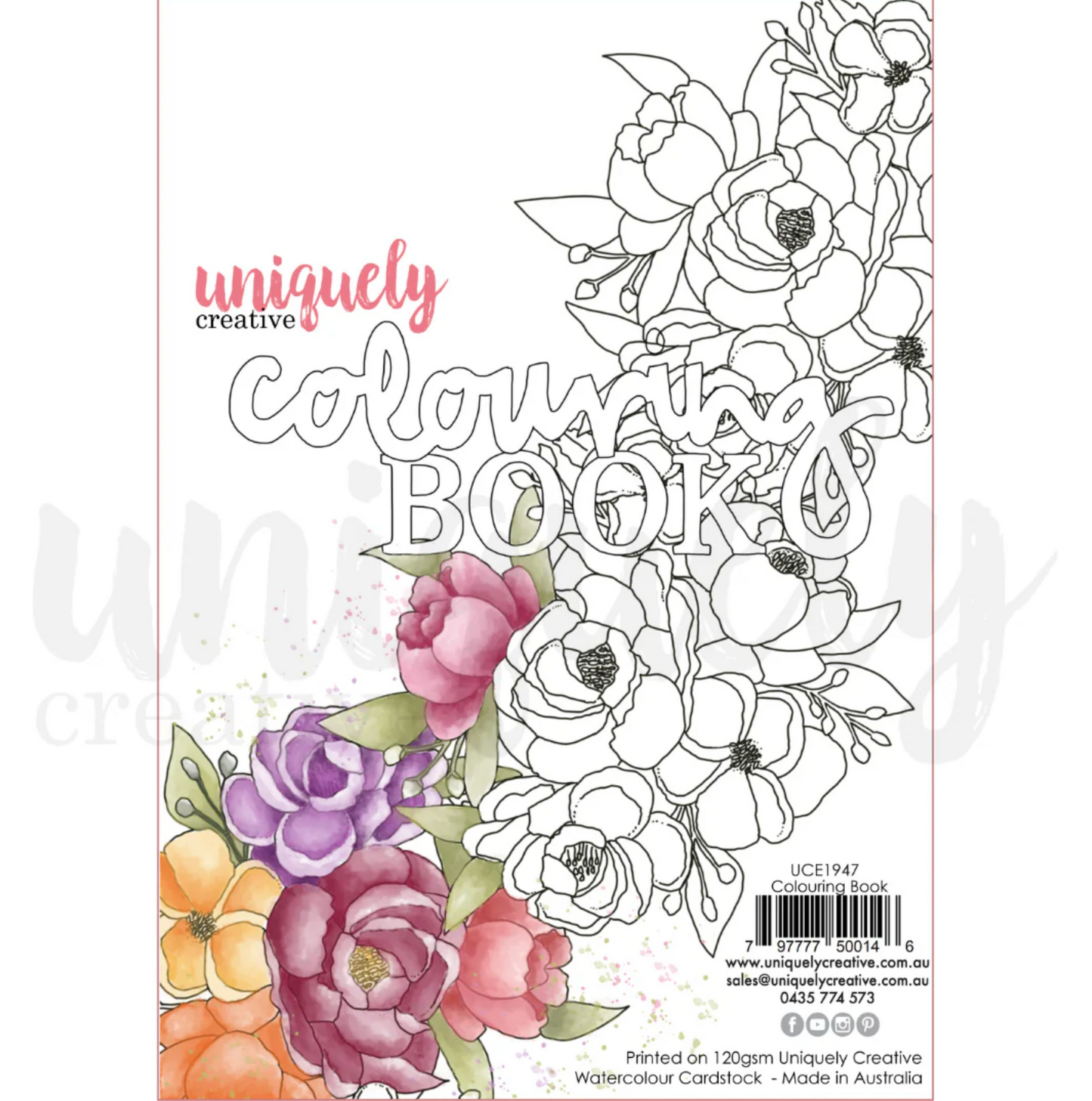 Coloring book with floral designs and 'Uniquely Creative' branding on a white background