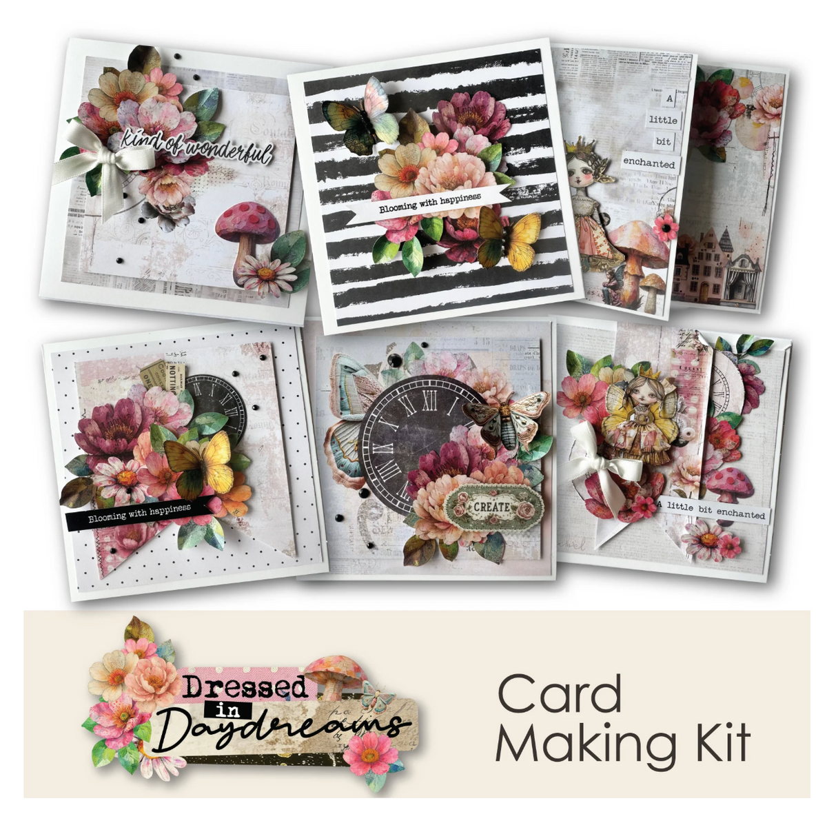 Card making kit with various card designs featuring flowers and text on a white background.