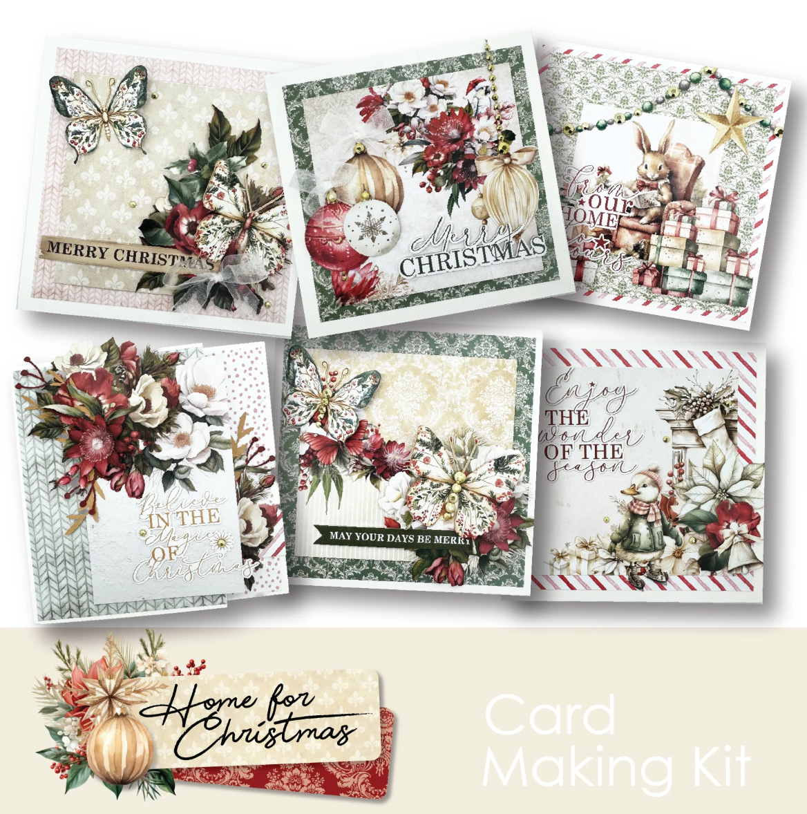Collection of Christmas-themed cards with decorative elements on a light background.