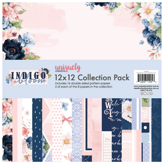 Indigo Bloom 12x12 Collection Pack by Uniquely Creative with floral and patterned paper sheets.