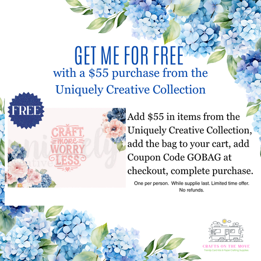Promotional flyer for a free item with a $55 purchase from the Uniquely Creative Collection, featuring blue hydrangeas and floral text.