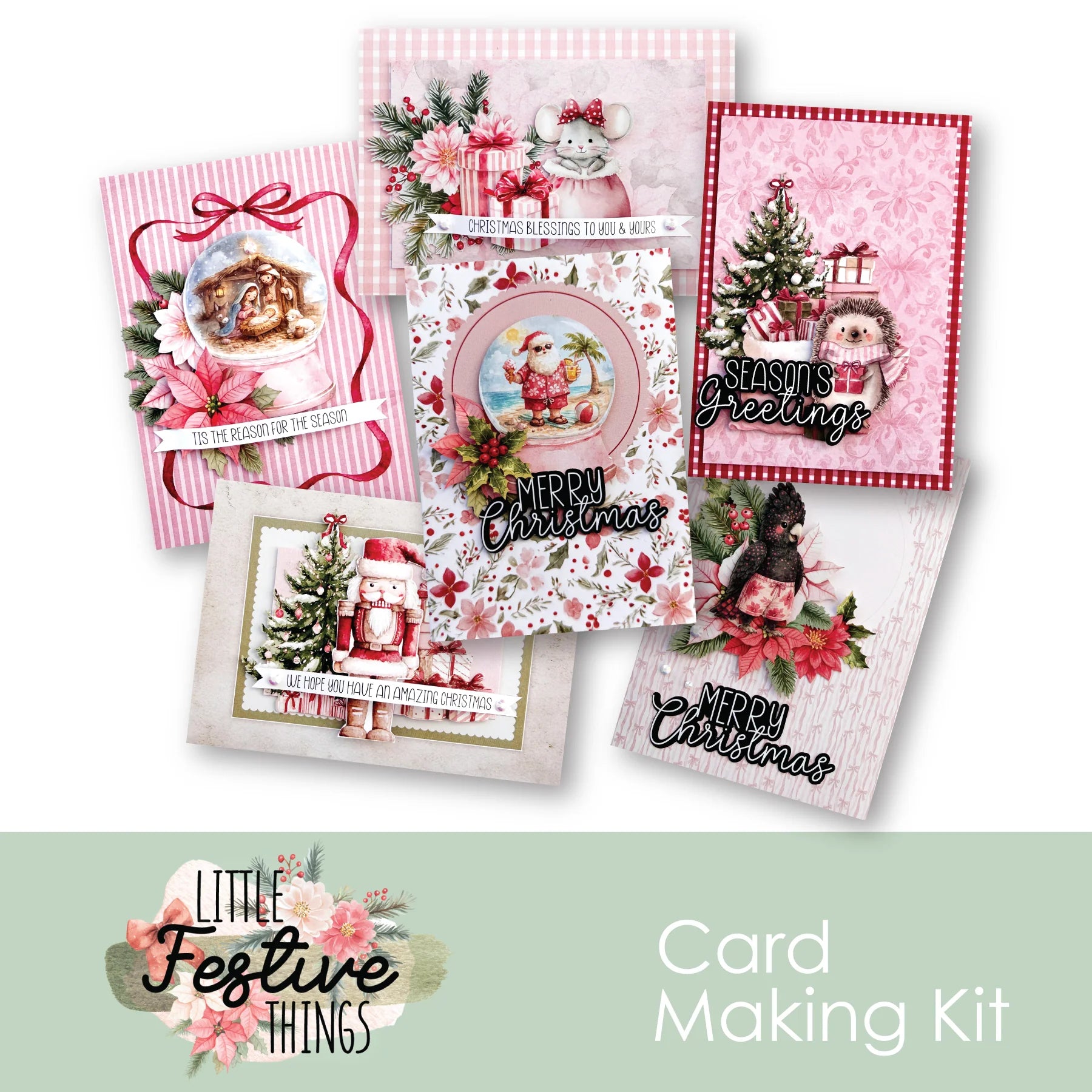 A collage of six Christmas-themed handmade cards displayed on a white background, with a pale green banner at the bottom reading 'Little Festive Things Card Making Kit'. The cards feature pink, white, red, and green holiday designs including Santa Claus, a cat in a snowsuit, a black dog, a Christmas tree, and 'Merry Christmas' text.