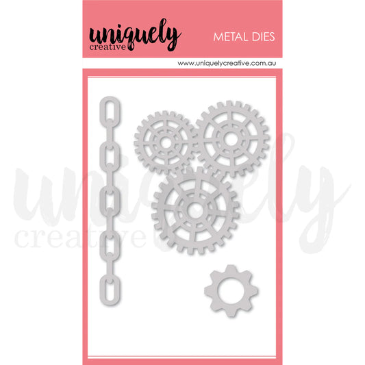 chain link, single gear, and gear cluster dies in pink uniquely creative packaging