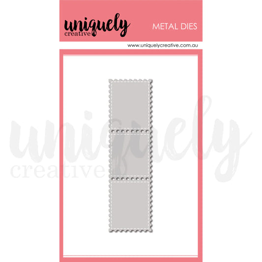three postage die stamp strip on a white background