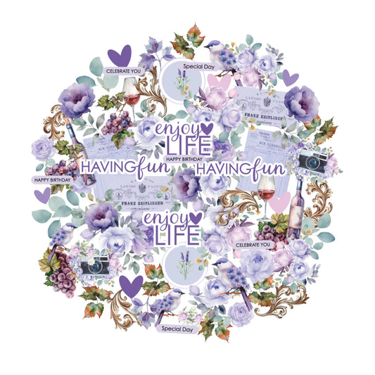 Uniquely Creative Ultraviolet laser cut purple flowers, sentiments, and tickets