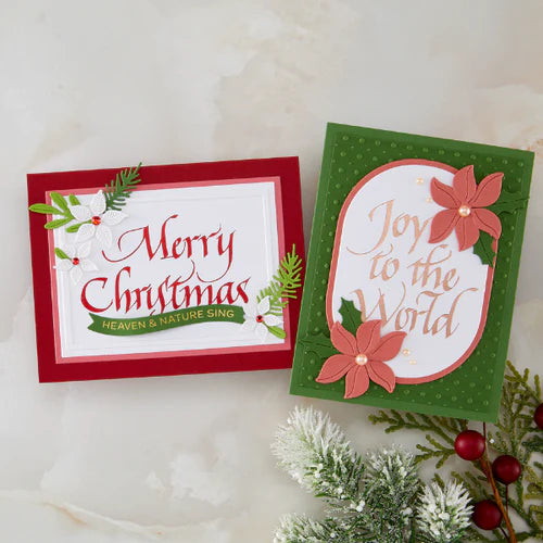 Merry Christmas and Joy to the World foiled cards with poinsettia die cuts