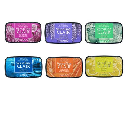 Set of six VersaFine Clair ink pads with colorful labels on a white background