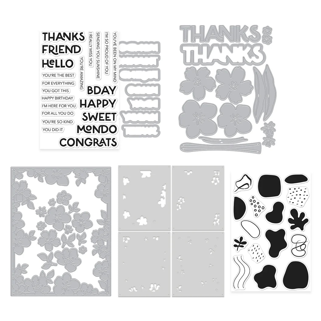 Collection of die-cut shapes and phrases on a white background