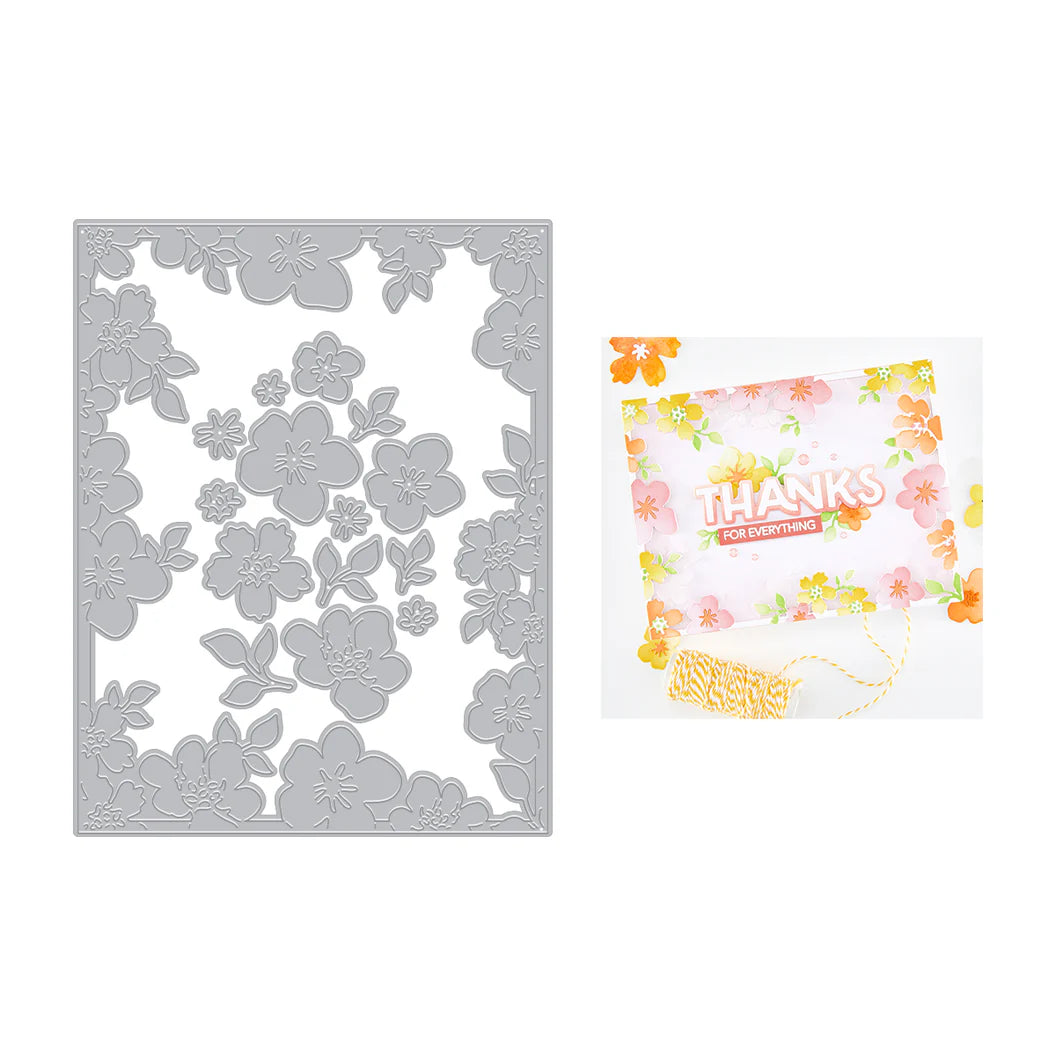 Floral die-cutting template with a card featuring 'Thanks for everything' text on a white background