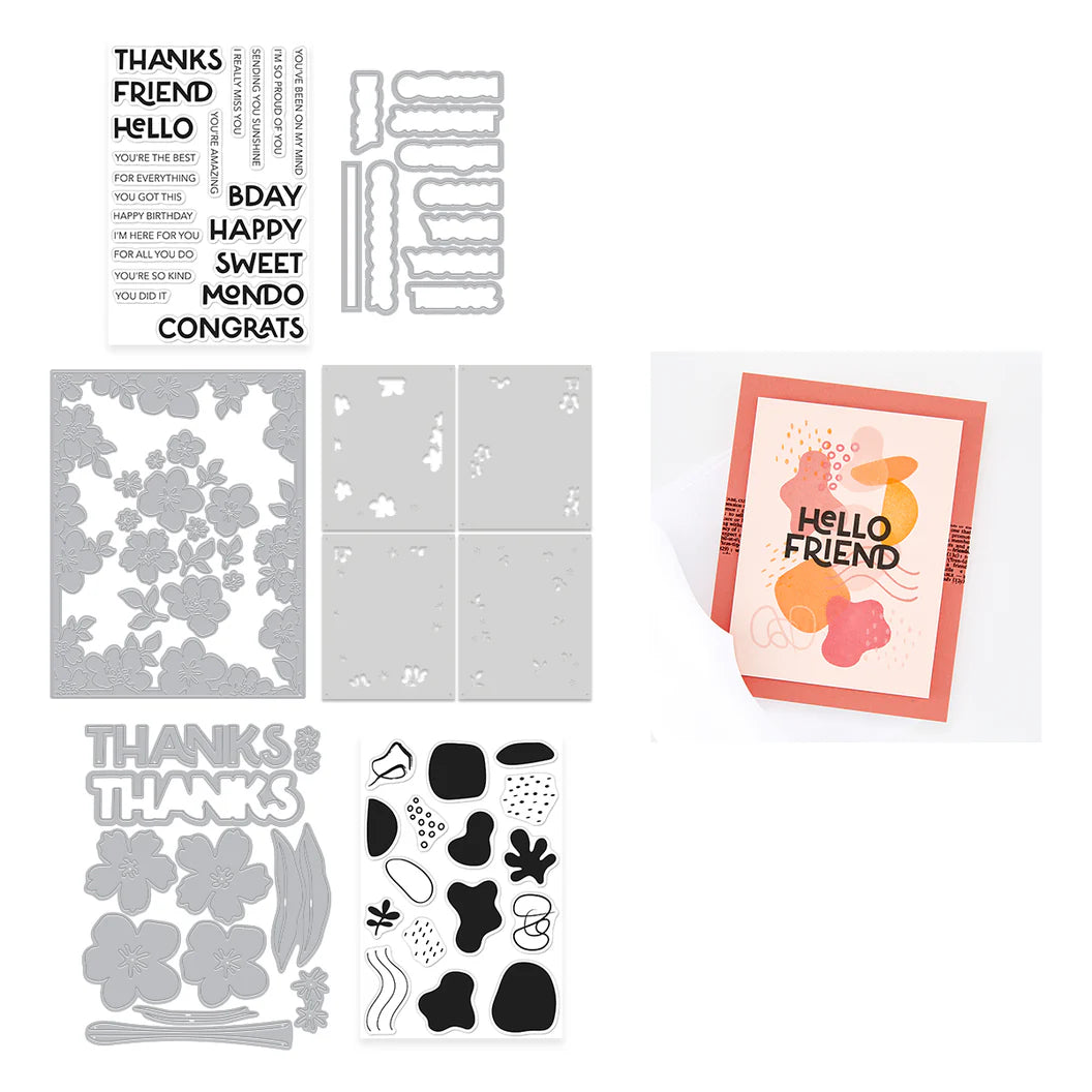 Collection of card-making elements including text stamps, floral stencils, and a greeting card on a white background.