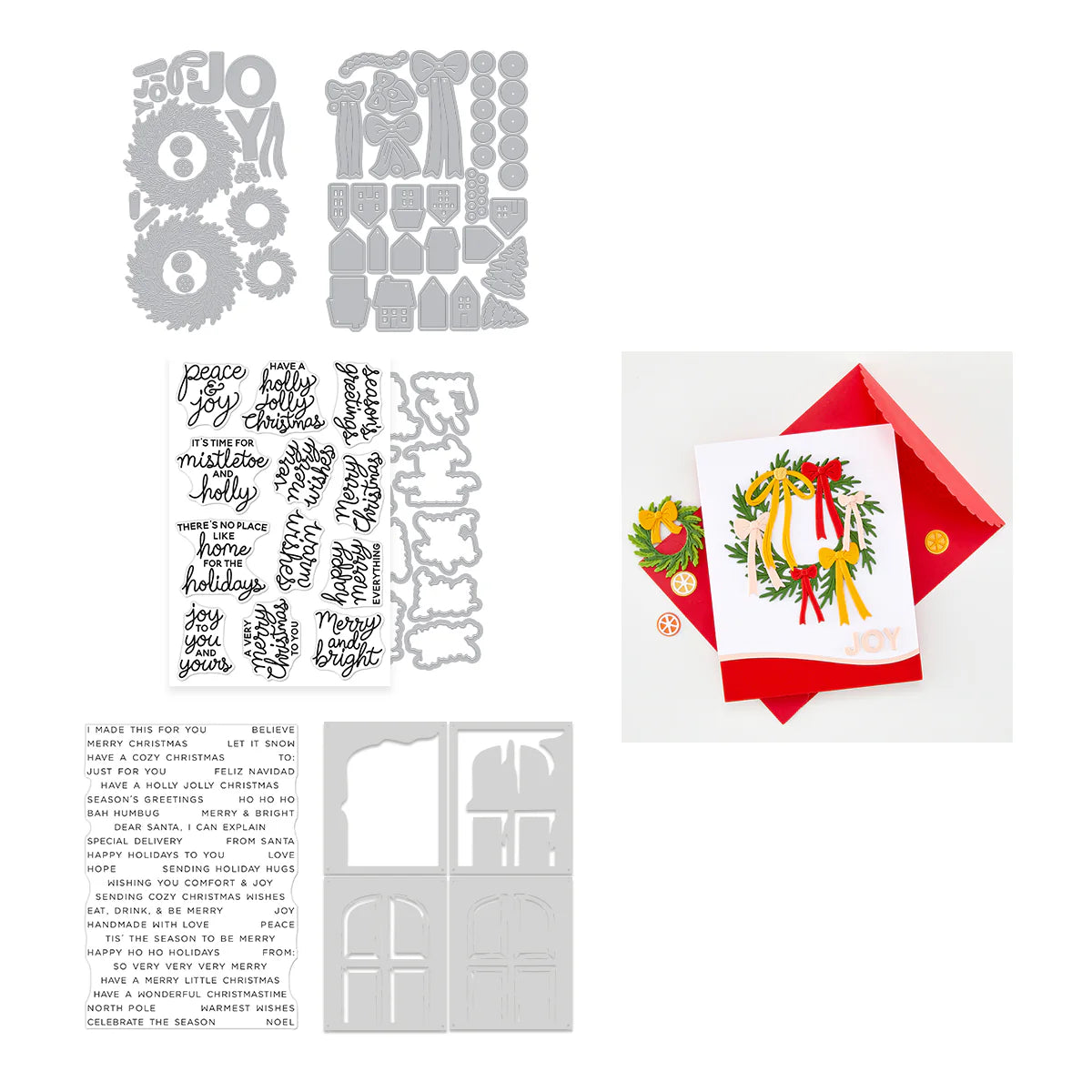 Home for the Holidays bundle: wreath dies, greeting stamps, door stencils, and finished wreath card