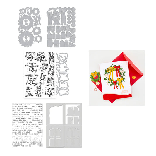 Home for the Holidays bundle: wreath dies, greeting stamps, door stencils, and finished wreath card
