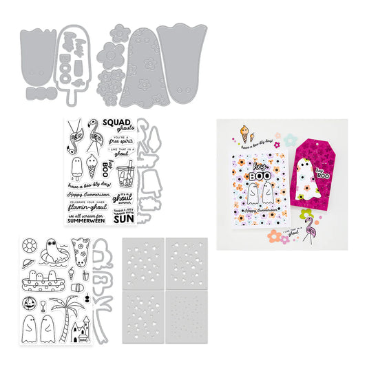Set of Halloween-themed stamps and dies on a white background