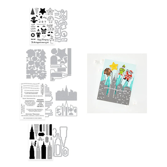 A sheet of black stamps and coordinating metal dies shown alongside a sample stamped card featuring a colorful winter scene with snow, trees, and Santa Claus. The image is laid out on a plain white background.